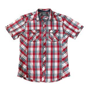 BKE vintage athletic fit men's short-sleeve red plaid shirt snap buttons size L